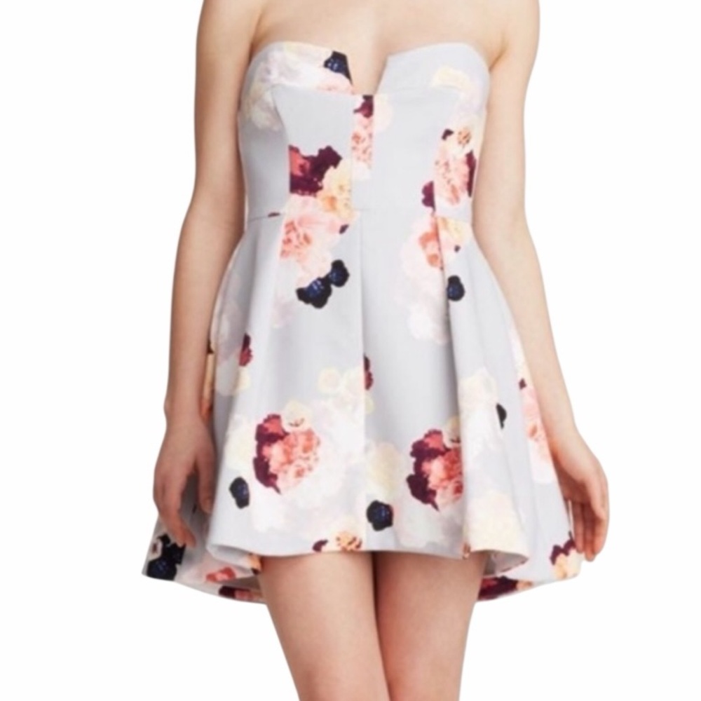 Keepsake the Label Bloom Divide Light Blue Floral Strapless Aline Mini Dress XS